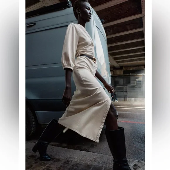 Zara Cream Midi Dress with Belt - Picture 1 of 11